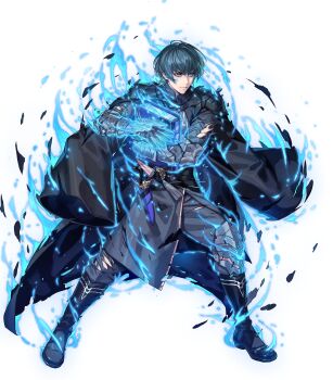 1boy armor aura belt black_armor black_belt black_boots black_cape black_gloves black_pants blue_aura blue_eyes blue_hair book boots cape closed_mouth dagger damaged emblem_(fire_emblem_engage) fire_emblem fire_emblem:_three_houses fire_emblem_engage fire_emblem_heroes fujisaka_kimihiko full_body gloves highres holding holding_book knife long_sleeves looking_at_viewer male_byleth_(fire_emblem) male_focus nintendo non-web_source official_art pants sheath sheathed short_hair solo torn_clothes v-shaped_eyebrows weapon