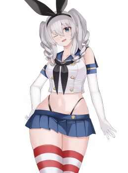 1girl absurdres beisaku_bei black_neckerchief black_panties blue_eyes blue_sailor_collar blue_skirt breasts cosplay crop_top elbow_gloves gloves grey_hair hair_between_eyes highleg highleg_panties highres horizontal-striped_thighhighs kantai_collection kashima_(kancolle) large_breasts long_hair looking_at_viewer microskirt midriff navel neckerchief no_dickey one_eye_closed open_mouth panties pleated_skirt sailor_collar shimakaze_(kancolle) shimakaze_(kancolle)_(cosplay) sidelocks simple_background skirt smile solo striped_clothes striped_thighhighs thighhighs thong twintails underwear wavy_hair white_background white_gloves