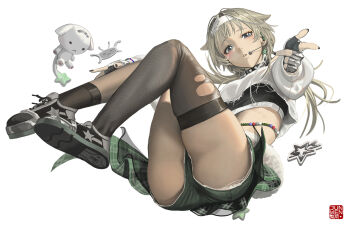 1girl animal_ears black_nails blue_eyes character_logo commentary crop_top english_commentary eyeshadow fake_animal_ears fingerless_gloves gloves goddess_of_victory:_nikke grey_hair hairband headset highres junwen_lululu looking_at_viewer makeup mole mole_under_eye pointing pointing_at_viewer prika_(nikke) shoes shorts single_thighhigh solo sports_bra thighhighs torn_clothes torn_thighhighs white_background