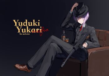 1girl absurdres akayudofu alcohol alternate_costume armchair black_background black_jacket black_pants black_suit black_vest bottle bullpup chair character_name closed_mouth collared_shirt commentary copyright_name couch crossed_legs cup drinking_glass english_text expressionless fedora formal_clothes grey_vest gun hand_on_headwear hat highres holding holding_gun holding_weapon jacket long_sleeves looking_at_viewer mafia necktie open_clothes pants purple_eyes purple_hair red_necktie shirt shoes short_hair sitting solo striped_clothes striped_vest submachine_gun suit suit_jacket thompson_submachine_gun vest voiceroid waistcoat weapon whiskey white_shirt yuzuki_yukari