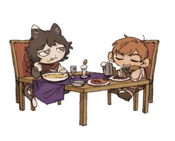 1boy 1girl :d animal_ears beer_mug black_hair brown_hair candle cat_ears cat_girl cat_tail chair chibi chilchuck_tims closed_eyes commentary_request cup curly_hair dungeon_meshi food food_on_face glass gloves half-closed_eyes halfling head_rest holding holding_cup izutsumi licking_lips mug neck_warmer open_mouth plate red_scarf scarf short_hair sitting smile syugyoou039 tail tongue tongue_out white_background