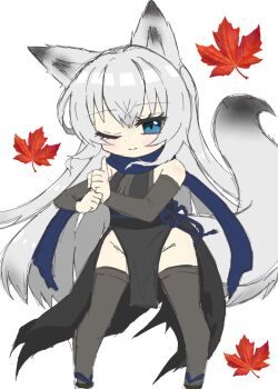 1girl animal_ears azur_lane black_thighhighs blue_eyes blue_scarf breasts chibi chibi_only fox_ears fox_girl fox_tail hands_up highres kawakaze_(azur_lane) kawakaze_(guardian_fox_forever_loyal)_(azur_lane) leaf long_hair looking_at_viewer maple_leaf official_alternate_costume one_eye_closed pelvic_curtain protected_link ruludoll scarf simple_background sketch small_breasts smile solo tail thighhighs white_background white_hair
