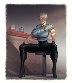 absurdres black_boots black_gloves black_pants blonde_hair blue_eyes boots breasts cybil_bennett devilhs full_body gloves high-waist_pants high_heel_boots high_heels highres large_breasts on_stool pants police police_uniform policewoman short_hair silent_hill_(series) silent_hill_1 smile solo toned toned_female