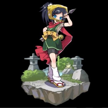 Rule 34 | 1girl, bamboo, bike shorts, black background, black hair, blue eyes, blush, bow, fang, fishnet top, fishnets, frog, full body, green kimono, hand on own hip, hand up, holding, holding kunai, holding weapon, iroha (merc storia), japanese clothes, kimono, kunai, long scarf, merc storia, merc storia art team, ninja, official art, open mouth, red scarf, scarf, short kimono, short sleeves, side ponytail, sidelocks, simple background, sleeveless, sleeveless kimono, smile, socks, solo, standing, tachi-e, v-shaped eyebrows, waraji, weapon, white socks, yellow bow, yellow hood