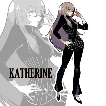 1girl artist_name belt black_pants black_shirt black_shoes brown_eyes brown_hair brown_lips catherine_(game) chain_belt character_name cheesecakes_by_lynx full_body glasses hand_on_own_face hand_on_own_hip high_heels katherine_mcbride long_hair pants shirt shoes solo white_background
