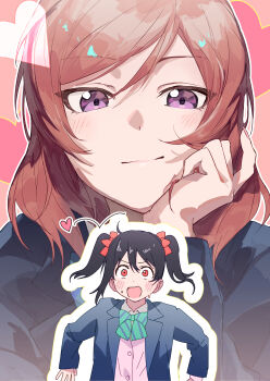 2girls absurdres black_hair blazer blue_jacket blush bow bowtie cardigan commentary_request doujinshi_cover_trope_(trend) flustered green_bow green_bowtie hand_on_own_face highres inazuma_(elect_line) jacket love_live! love_live!_school_idol_project multiple_girls nishikino_maki open_mouth otonokizaka_school_uniform outline pink_cardigan projected_inset purple_eyes red_eyes red_hair school_uniform twintails upper_body v-shaped_eyebrows white_outline wide-eyed yazawa_nico yuri