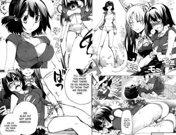 Rule 34 | 2girls, absurdres, aryabhata, blush, breasts, cleavage, closed eyes, closed mouth, collarbone, covered erect nipples, english text, female focus, female masturbation, full body, groping, highres, ichinose touko, large breasts, legs, long hair, long sleeves, lying, manga illustration, manga page, masturbation, medium hair, midriff, monochrome, multiple girls, navel, no bra, official art, on back, on side, one eye closed, open mouth, orgasm, pussy juice, sexual harassment, sexually suggestive, shinjirou, shoes, short sleeves, shorts, small breasts, socks, speech bubble, stitched, stomach, taboo tattoo, thighs, third-party edit, torn clothes, touching another's crotch, translated, twintails, yuri