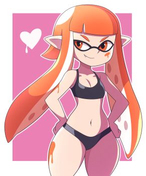 1girl absurdres abysswatchers black_bra black_panties bra breasts cleavage collarbone fang hands_on_own_hips heart highres inkling inkling_girl inkling_player_character loli long_hair looking_at_viewer navel nintendo orange_eyes orange_hair paint_on_body panties pink_background pointy_ears raised_eyebrow small_breasts smile splatoon_(series) splatoon_1 squid_girl standing tentacle_hair underwear wide_hips