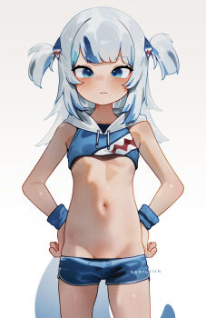 1girl blue_eyes blush female_focus fins fish_tail flat_chest gawr_gura hair_ornament hololive hololive_english hood hoodie kani_fish legs loli long_hair looking_at_viewer navel shark_girl shark_hair_ornament shark_tail short_shorts short_twintails shorts solo standing stomach tail thighs twintails virtual_youtuber white_background