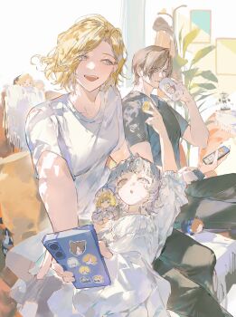 1boy 2girls absurdres black_pants blonde_hair blue_shirt brown_hair cellphone character_sticker chinese_commentary coin commentary_request cup dress drinking_glass emily_(resident_evil) grace_ashcroft grey_hair highres holding holding_coin holding_cup holding_phone humidifier_xd leon_s._kennedy looking_at_viewer lying_on_lap multiple_girls pale_colors pants phone plant potted_plant resident_evil resident_evil_requiem shirt short_hair sideways_glance sitting sticker white_dress white_shirt
