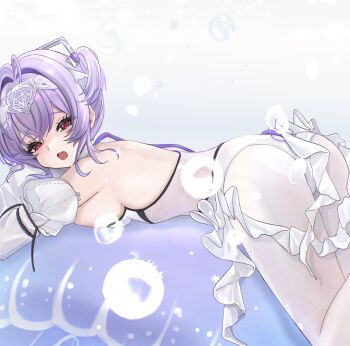 1girl ahoge air_bubble ass breast_press breasts bubble commentary_request detached_sleeves fang from_side goddess_of_victory:_nikke hair_between_eyes hair_intakes headpiece highres layered_sleeves leotard liberalio_(nikke) long_sleeves lying medium_breasts on_stomach open_mouth pantyhose puffy_short_sleeves puffy_sleeves purple_hair red_eyes short_over_long_sleeves short_sleeves sideboob solo sunameri_(pixiv3564245) two_side_up white_leotard white_pantyhose white_sleeves