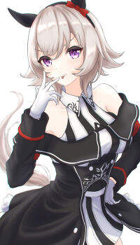 Rule 34 | 1girl, absurdres, animal ears, bare shoulders, black hairband, blush, bow, breasts, closed mouth, coat, collarbone, commentary request, curren chan (fille eclair) (umamusume), curren chan (umamusume), dress, ear bow, ear covers, gloves, grey hair, hairband, highres, horse ears, horse girl, horse tail, long sleeves, looking at viewer, medium breasts, mu-to, off-shoulder coat, off-shoulder dress, off-shoulder jacket, off shoulder, purple eyes, red bow, short hair, simple background, smile, solo, striped clothes, striped dress, tail, tongue, tongue out, umamusume, vertical-striped clothes, vertical-striped dress, white background, white gloves