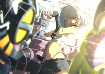 1girl ama_rei anby_demara bangboo_(zenless_zone_zero) braid braided_sidelocks commentary_request cowboy_shot crop_top fingerless_gloves gloves grey_hair highres one_eye_closed orange_eyes putting_on_gloves shorts yawning zenless_zone_zero