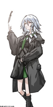 Rule 34 | 1girl, absurdres, alternate costume, artist name, balancing on finger, black boots, black coat, boots, bow, braid, coat, collared shirt, commentary request, dated, green bow, green necktie, grey hair, hair bow, highres, izayoi sakuya, knee boots, knife, long hair, long sleeves, looking at viewer, necktie, one-hour drawing challenge, open clothes, open coat, red eyes, shirt, simple background, solo, touhou, twin braids, ve1024, white background, white shirt