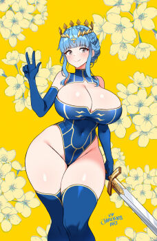 1girl alternate_breast_size_(larger) alternate_costume artoria_pendragon_(fate) artoria_pendragon_(lancer)_(fate) artoria_pendragon_(lancer)_(fate)_(cosplay) artoria_pendragon_(lancer)_(third_ascension)_(fate) blue_gloves blue_hair blue_leotard blue_thighhighs blush braid braided_bun breasts brown_eyes cleavage closed_mouth cosplay covered_navel elbow_gloves excalibur_(fate/stay_night) eyebrows_hidden_by_hair fate/grand_order fate_(series) fire_emblem fire_emblem:_three_houses floral_background flower gloves hair_bun heattech_leotard holding holding_sword holding_weapon huge_breasts jarckius leotard looking_at_viewer marianne_von_edmund nintendo sleeveless sleeveless_turtleneck sleeveless_turtleneck_leotard smile solo standing sword thighhighs tiara turtleneck v weapon white_flower wide_hips yellow_background