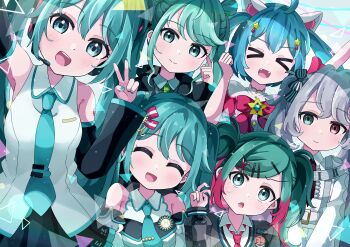 &gt;_&lt; 25-ji_miku 6+girls ahoge alternate_costume animal_ear_fluff animal_ears apron aqua_eyes aqua_hair aqua_nails aqua_trim arm_tattoo arms_up black_jacket black_skirt blush boots breasts cat_ears closed_eyes closed_mouth collared_shirt commentary_request detached_sleeves dress green_eyes green_hair grey_hair guitar hair_between_eyes hair_ornament hatsune_miku heterochromia highres instrument jacket leo/need_miku long_hair long_sleeves looking_at_another looking_at_viewer medium_breasts miku_day more_more_jump!_miku multicolored_hair multiple_girls multiple_persona number_tattoo open_mouth pantyhose pink_eyes pink_hair pleated_skirt project_sekai shirt skirt sleeveless sleeveless_dress smile star_(symbol) star_hair_ornament sweat tattoo twintails v very_long_hair vivid_bad_squad_miku vocaloid white_boots white_dress white_shirt wide_sleeves wonderlands_x_showtime_miku zukimikan