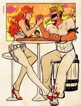 Rule 34 | 1girl, 2025, 2boys, ?, absurdres, arm wrestling, bandana around arm, bare shoulders, belt, bikini, bikini top only, black hair, blood, blood on feet, cheating (competitive), closed eyes, cloud, cloudy sky, commentary, denim, earrings, elbow on table, english commentary, full body, gold earrings, green bikini, green hair, haramaki, hat, high heel sandals, high heels, highres, huyandere, jeans, jewelry, long hair, looking at another, monkey d. luffy, motion lines, multiple boys, nami (one piece), nami (one piece) (return to sabaody), official alternate costume, one piece, open mouth, orange hair, orange sky, outdoors, pants, parted lips, partially colored, roronoa zoro, sandals, screaming, shirt, short hair, short sleeves, sitting, sky, sparkle, stepping on another's foot, stiletto heels, straw hat, striped bikini, striped clothes, sunset, swimsuit, unworn hat, unworn headwear, veins, wavy hair, white shirt