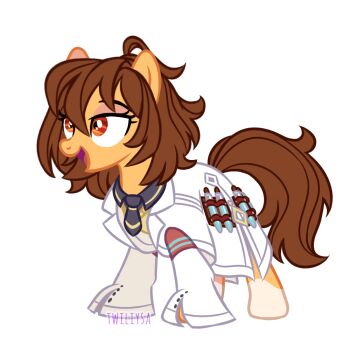 agnes_tachyon_(tach-nology)_(umamusume) agnes_tachyon_(umamusume) animalization black_necktie brown_eyes brown_hair brown_tail coat commentary deviantart_username english_commentary eyeshadow horse horse_tail lab_coat long_sleeves makeup medium_hair my_little_pony my_little_pony:_friendship_is_magic necktie no_humans short_necktie simple_background smile tail test_tube transparent_background twiliysa umamusume white_coat wolf_cut
