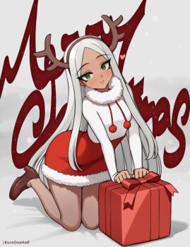 1girl bare_legs blush box brown_hairband brown_shoes closed_mouth commentary_request dark-skinned_female dark_skin earrings fake_antlers full_body fur-trimmed_skirt fur-trimmed_sweater fur_trim gift gift_box green_eyes grey_background hairband heart high-waist_skirt jewelry kneeling kuroonehalf long_sleeves looking_at_viewer merry_christmas original pom_pom_(clothes) red_skirt shoes skirt sleeves_past_wrists smile solo sweater white_sweater