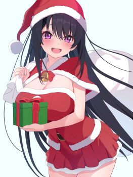 1girl :d absurdres ao_no_kanata_no_four_rhythm arm_under_breasts bell black_hair blush bow bowtie box breasts capelet christmas cleavage commentary cowboy_shot dual_wielding eyebrows_hidden_by_hair floating_hair fur-trimmed_capelet fur-trimmed_headwear fur-trimmed_skirt fur_trim gift gift_box hair_between_eyes hand_up happy hat highres holding holding_gift holding_sack large_breasts long_hair looking_at_viewer miniskirt neck_bell open_mouth pleated_skirt pororo_(r_pororo) purple_eyes red_bow red_bowtie red_capelet red_hat red_skirt sack santa_costume santa_hat simple_background skirt smile solo straight_hair teeth tobisawa_misaki upper_teeth_only very_long_hair white_background