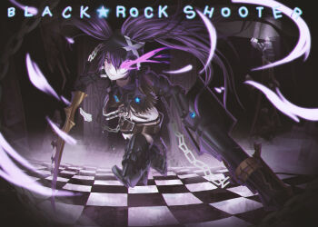 1girl armor belt belt_skirt bio_(yam75215) black_rock_shooter black_shorts chain checkered_floor commentary english_commentary fire flaming_eye gauntlets glowing glowing_eyes greaves highres huge_weapon insane_black_rock_shooter long_hair loose_belt pale_skin purple_eyes purple_fire purple_hair shorts stitches sword twintails uneven_twintails weapon