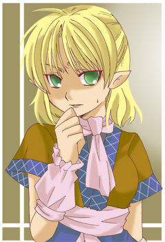 1girl arm_warmers blonde_hair breasts brown_background brown_shirt commentary_request green_eyes grey_sash grey_scarf half_updo looking_at_viewer medium_breasts mizuhashi_parsee pointy_ears scarf shaded_face shirt short_hair short_sleeves solo suzuki_yuuma touhou upper_body