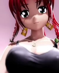 1girl 3d animated breasts cleavage covered_erect_nipples denim denim_shorts green_eyes hong_meiling large_breasts long_hair looking_at_viewer midriff mofumoko5 navel one_eye_closed red_hair shorts smile solo tagme teasing thighs touhou video wink