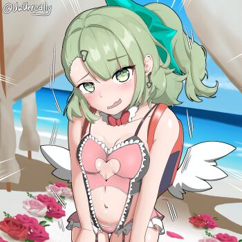 Rule 34 | 1girl, absurdres, alternate breast size (larger), artist name, backpack, bag, beach, bikini, blush, bow, bowtie, breasts, clothing cutout, earrings, flower, frilled bikini, frills, green eyes, green hair, hair ornament, hairclip, heart, heart-shaped ornament, heart cutout, heart earrings, highres, jewelry, kiannuwu, looking at viewer, medium breasts, midriff, navel, rose, shy, sunna (zenless zone zero), swimsuit, wings, zenless zone zero