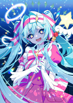 1girl aqua_hair bow cane dress gloves hair_bow hair_intakes hatsune_miku highres holding holding_cane ima_sugu_rinne_(vocaloid) long_hair long_sleeves magical_girl mou_(mooooow) open_mouth pantyhose pink_dress pink_eyes puffy_short_sleeves puffy_sleeves short_sleeves smile star_(symbol) star_in_eye symbol_in_eye twintails very_long_hair vocaloid white_bow white_gloves white_pantyhose