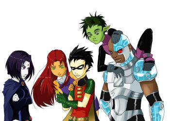 2girls 3boys bald beast_boy_(dc) belt black_hair bob_cut bodysuit brown_eyes cape cloak colored_skin crossed_arms cyborg cyborg_(dc) dark_skin dc_comics dick_grayson domino_mask eye_mask forehead_jewel garfield_logan gauntlets gloves green_eyes green_hair green_skin grimace hand_on_own_hip leotard long_hair long_sleeves luna133 mask multiple_boys multiple_girls one-eyed open_mouth orange_skin pale_skin pointy_ears purple_eyes purple_hair purple_skirt raven_(dc) red_eyes red_hair robin_(dc) short_hair short_sleeves simple_background skirt sleeveless starfire teen_titans victor_stone white_background