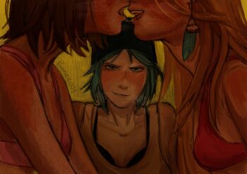 3girls artist_name beanie black_bra black_hat blonde_hair blue_hair blush bra bra_peek brown_hair chloe_price earrings hat highres jewelry life_is_strange_(series) life_is_strange_1 long_hair max_caulfield multiple_girls open_mouth pink_bra pumee001 rachel_amber short_hair tank_top underwear white_tank_top yuri