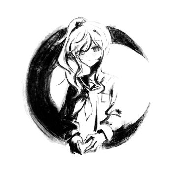 1girl 670uu absurdres asahina_mafuyu blank_stare cardigan closed_mouth collared_shirt crescent expressionless greyscale hair_tie highres long_hair monochrome neckerchief ponytail project_sekai shirt upper_body white_background