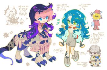 Rule 34 | 1boy, 6+girls, 98sikk, :3, ?, animal, animal hug, argus (reverse:1999), barbara (reverse:1999), black dress, black hands, blue eyes, blue hair, blue veil, boots, carbuncle (reverse:1999), centauroid, chibi, chimera, colored extremities, dress, fang, fang out, ferrofluid, fishbowl helmet, gen 2 pokemon, green eyes, grey boots, grey dress, hat, highres, hissabeth, holding, holding pillow, interlocked fingers, jacket, korean text, long hair, mareep, monster girl, ms. newbabel, multiple girls, nautika (reverse:1999), nightcap, nintendo, object head, own hands together, pajamas, pillow, pink hair, pink hat, pink pajamas, pokemon, red pupils, reverse:1999, sentinel (reverse:1999), smile, snake, snake on head, standing, tail, talons, taur, translation request, ulrich (reverse:1999), veil, white jacket