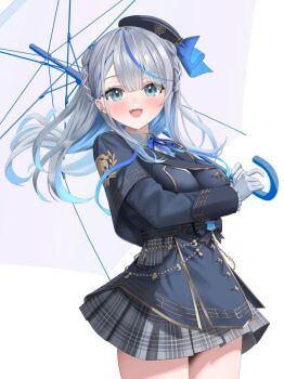 1girl amagai_ruka aqua_hair arale_(ara1e) beret blue_hair blush crescent ear_piercing fangs gloves grey_hair hat highres long_hair looking_at_viewer multicolored_hair open_mouth piercing plaid_clothes plaid_skirt skirt smile solo streaked_hair umbrella unmoving_pattern virtual_youtuber weather_planet white_gloves