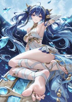 1girl ahoge arm_up armpits bare_shoulders bikini blue_eyes blue_hair breasts commentary_request detached_sleeves dress feet full_moon gold_bikini gomashio_ponz grin hair_ornament high_heels highres iuno_(wuthering_waves) jewelry long_hair long_sleeves looking_at_viewer medium_breasts moon single_bare_foot single_detached_sleeve sleeveless sleeveless_dress smile soles solo swimsuit thighs toe_ring toes twintails underboob very_long_hair white_dress wuthering_waves