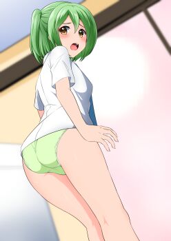 Rule 34 | 1girl, absurdres, ass, blurry, blurry background, commentary request, commission, crotch seam, depth of field, dress shirt, from behind, frown, girlfriend (kari), green hair, green panties, highres, indoors, kisaragi setsu (mssk8485), leaning forward, looking at viewer, looking back, no pants, open mouth, oshi tomo, panties, partial commentary, pixiv commission, shirt, short sleeves, solo, standing, two side up, underwear, white shirt