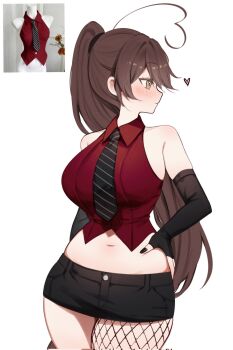 1girl black_gloves black_shorts blush breasts brown_eyes brown_hair commentary english_commentary fingerless_gloves gloves hand_on_own_hip heart heart_in_eye highres indie_virtual_youtuber large_breasts long_hair midriff navel ponytail red_shirt shirt shorts single_fishnet_legwear sky_above_me sky_above_me_(vtuber) solo symbol_in_eye turning_head