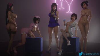 3d 5girls absurdres alternate_costume alternate_hairstyle arm_at_side arm_support ass asymmetrical_bangs bare_arms bare_legs bare_shoulders black_bow black_bowtie black_footwear black_hair blue_bow blue_bowtie blue_dress blue_footwear bow bowtie breasts breasts_out choker cleavage closed_mouth clothed_female_nude_female coat cocktail cocktail_glass crescent crescent_earrings crossed_legs cup doctor double_bun dress drink drinking_glass earrings feet female_focus final_fantasy final_fantasy_vii final_fantasy_vii_remake flower flower_on_head food frilled_dress frills from_behind fruit full_body giggles25 glasses hair_bun hair_up hat head_tilt high_heels highres holding holding_drink holding_drinking_glass jewelry large_breasts leaning leaning_forward legs lips long_hair looking_at_viewer looking_back multiple_girls multiple_persona naughty_face navel neck neon_lights nipples nude nurse nurse_cap official_alternate_costume pink_dress pink_footwear pink_headwear pussy red_eyes reflection reflective_floor ribbon shoes short_dress short_hair single_hair_bun sitting smile spread_legs square_enix standing stiletto_heels stomach straight_hair thick_thighs thighhighs thighs tifa_lockhart tifa_lockhart_(refined_dress) twitter_username wall_market white_coat white_footwear