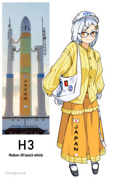 1girl absurdres bag cardigan commentary english_commentary full_body hair_ornament hairclip hat highres japanese_flag jaxa long_skirt mary_janes mecha_musume object_and_personification orange_eyes orange_skirt original parallel_hairclips personification photo-referenced reference_inset sbarky38 shoes shoulder_bag skirt smile solo standing white_bag white_hair white_hat yellow_cardigan