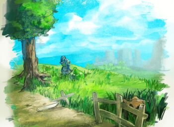 1980s_(style) 1boy belt blue_sky blue_tunic dragon_quest dragon_quest_ii facing_away fence from_behind full_body helmet male_focus mari-mason oldschool outdoors path prince_of_lorasia road scenery sitting sky slime_(dragon_quest) tree tunic wooden_fence