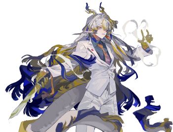 1girl absurdres alternate_costume arknights blue_hair chinese_commentary collared_shirt colored_extremities commentary_request dragon_girl dragon_horns dragon_tail earrings eastern_dragon_tail eyeliner formal_clothes grey_hair grey_shirt hair_between_eyes highres holding holding_weapon horns jacket jewelry laitaniya_heishan_zhu long_hair long_sleeves makeup multicolored_hair necktie orange_eyeliner orange_necktie pants parted_lips pointy_ears shirt shu_(arknights) simple_background smoke solo suit tail very_long_hair weapon white_background white_jacket white_pants yellow_hands