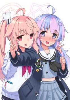 2girls ahoge badge black_neckerchief blue_archive blue_hair blue_jacket blue_shirt blue_skirt blush button_badge commentary_request cowboy_shot hair_ornament halo high_side_ponytail highres jacket long_hair looking_at_viewer multicolored_hair multiple_girls natsu_(blue_archive) neckerchief open_clothes open_jacket open_mouth pink_hair pink_halo purple_hair red_eyes reisa_(blue_archive) s_ibane sailor_collar school_uniform serafuku shirt simple_background skirt smile star_(symbol) star_hair_ornament two-tone_hair v white_background white_sailor_collar