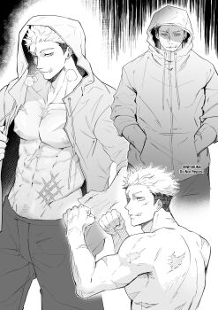 1boy abs adam&#039;s_apple aged_up collarbone full-length_zipper greyscale hand_in_pocket highres hood hoodie itadori_yuuji jujutsu_kaisen jujutsu_kaisen_modulo male_focus male_pubic_hair monochrome multiple_views navel neskuna nipples pants pectorals pubic_hair pubic_hair_peek puff_of_air scar scar_on_arm scar_on_chest scar_on_face scar_on_hand scar_on_mouth short_hair twitter_username undercut zipper