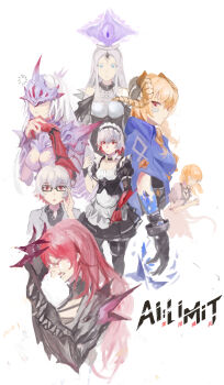 5girls absurdres ai_limit alternate_costume arrisa asteria_(ai_limit) black_dress blue_cloak blue_eyes breasts chinese_commentary cloak closed_mouth colored_inner_hair commentary_request copyright_name crying curled_horns dress enmaided eye_mask gendou_pose glasses hands_clasped highres horns loading_icon long_hair looking_at_viewer maid maid_headdress mask medium_breasts millaire multicolored_hair multiple_girls multiple_views mutation naiai_(user_ucgs8782) open_mouth orange_hair own_hands_clasped own_hands_together red_eyes red_hair shirley_(ai_limit) short_hair simple_background ursula_(ai_limit) white_background white_hair yellow_horns