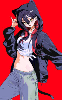 1girl 5oh5s2 :d \n/ absurdres animal_hood black_hair black_jacket blush breasts carmine_(pokemon) cat_hood crop_top fang grey_pants highres hood hooded_jacket jacket medium_breasts midriff mole mole_under_eye multicolored_hair navel nintendo open_mouth pants pokemon pokemon_sv red_background red_hair shirt simple_background slit_pupils smile solo tied_shirt two-tone_hair white_shirt yellow_eyes
