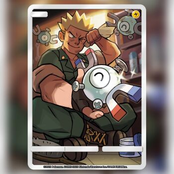 1boy blonde_hair blue_eyes boots brown_boots card_(medium) closed_eyes collared_shirt commentary copyright_name copyright_notice crossed_legs dirty english_commentary floating gen_1_pokemon glint green_pants green_shirt holding_rag indoors kittaka_fumie magnemite magnet male_focus metal_skin nintendo official_art one-eyed one_eye_closed pants pokemon pokemon_card pokemon_lgpe pokemon_tcg polishing screw shelf shirt short_hair short_sleeves sitting smile spiked_hair split_mouth surge_(pokemon) sweat textless_version third-party_source trading_card window wrench