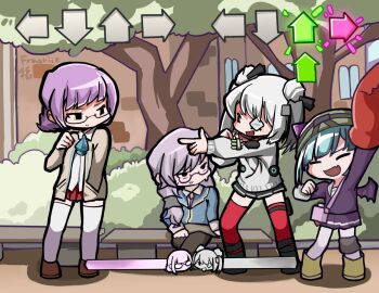 4girls :d aqua_hair arm_up artist_name ascot bag bat_wings bench black_eyes black_ribbon black_skirt blue_ascot blue_hair blue_jacket boots boxing_gloves bungo_yayoi bush cardigan chibi closed_eyes closed_mouth collared_shirt double_bun eyepatch fake_horns fang fanny_pack friday_night_funkin' full_body gameplay_mechanics glasses grey_hair hair_bun hair_ornament hair_ribbon hair_scrunchie hand_in_pocket hands_in_pockets hat heaven_burns_red helmet higuchi_seika holding hood horned_headwear horns izumi_yuki_(heaven_burns_red) jacket jewelry knee_pads llmy20250303 loafers long_hair long_sleeves looking_at_another low-tied_long_hair low_ponytail medium_hair miniskirt monocle multiple_girls neckerchief necktie on_bench open_mouth outdoors pantyhose park park_bench pleated_skirt pointing pointing_at_another ponytail pouch purple_hair purple_jacket purple_necktie purple_skirt red_skirt ribbon school_uniform scrunchie semi-rimless_eyewear shirt shoes short_hair shoulder_bag single_knee_pad sitting skirt smile standing sweater thigh_pouch thighhighs tree two_side_up under-rim_eyewear user_interface white_hair white_shirt white_sweater white_thighhighs wings yamawaki_bon_ivar zettai_ryouiki