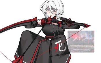 Rule 34 | 1girl, archery shooting glove, arrow (projectile), black gloves, black robe, blue eyes, bow, commentary, english commentary, english text, faust (project moon), fingerless gloves, game screenshot inset, gloves, imminent suicide, limbus company, medium hair, partially fingerless gloves, project moon, red gloves, robe, shi association east uniform, simple background, solo, sostenudo, white background, white hair