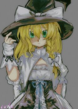 1girl artist_name black_dress blonde_hair braid capelet closed_mouth dress expressionless green_eyes grey_background hair_between_eyes hair_ribbon hand_on_headwear hat highres kirisame_marisa long_hair looking_at_viewer ribbon shirt short_sleeves solo touhou white_capelet white_shirt witch_hat yuuki_(yuk)