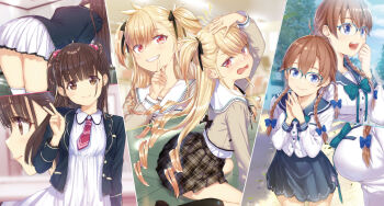 3girls absurdres black_thighhighs blue-framed_eyewear bow braid breasts buriki clenched_teeth closed_mouth curly_hair finger_to_mouth flying_sweatdrops hair_bow hand_on_own_head highres large_breasts long_hair low_twin_braids multiple_girls nabatame_haru official_art open_mouth palms_together school_uniform seibu_rio shine_post shushing sitting smile split_screen sunglasses tamaki_kyouka tears teeth thighhighs twin_braids two_side_up upper_teeth_only v very_long_hair wariza